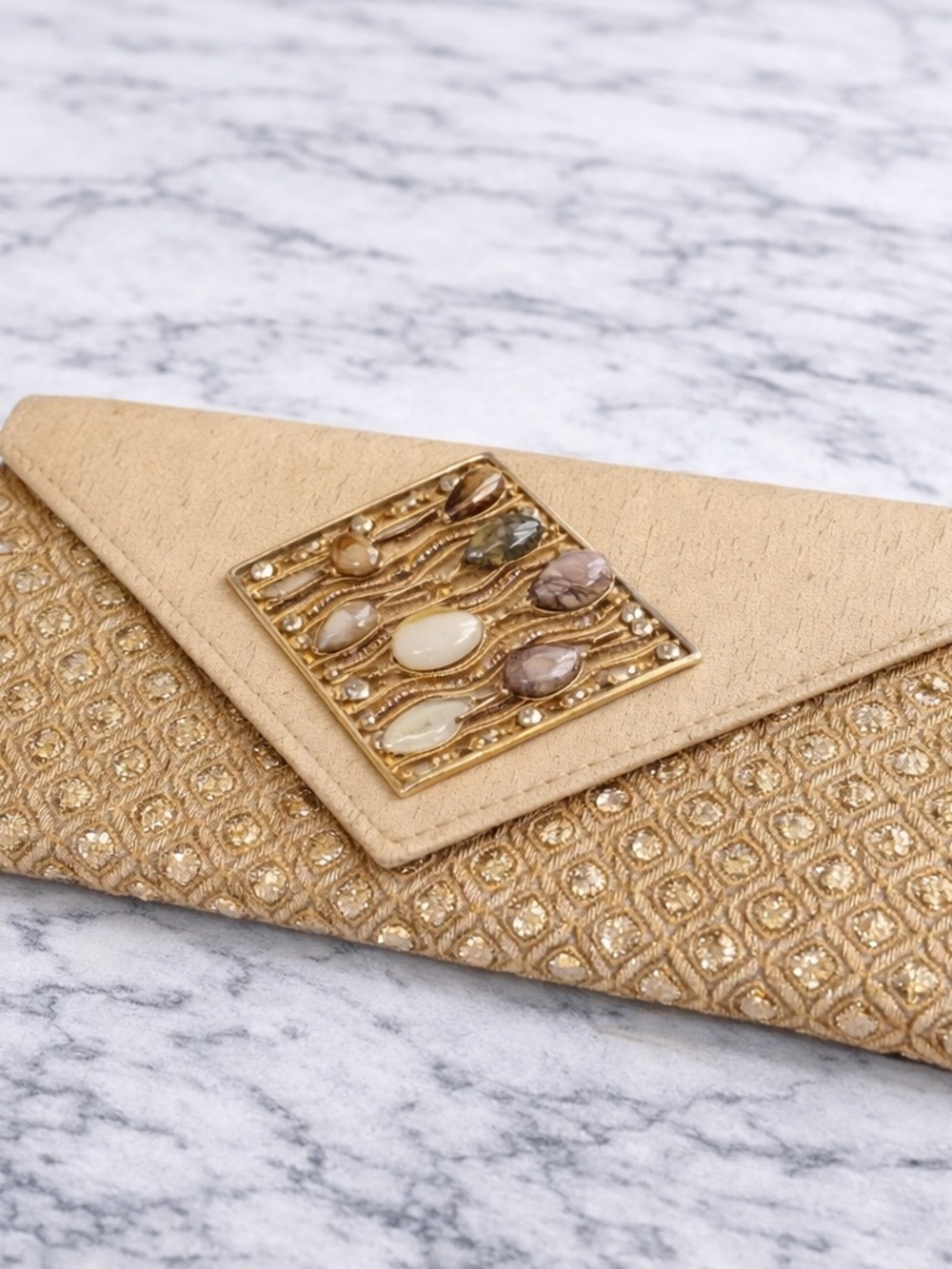 Elegant Gold Beaded Envelope Clutch